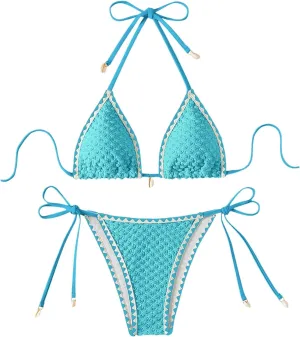SHENHE Women's 2 Piece Triangle Beach Bikini Sets Color Block Halter Swimsuit Bathing Suit
