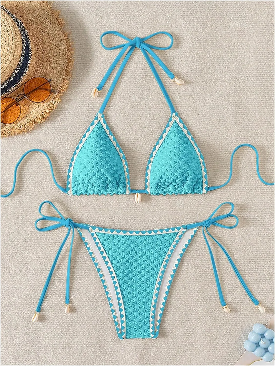 SHENHE Women's 2 Piece Triangle Beach Bikini Sets Color Block Halter Swimsuit Bathing Suit
