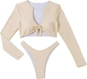 SHENHE Women's Long Sleeve Swimsuit 2 Piece Cropped Rash Guard High Cut Thong Bikini Bathing Suits
