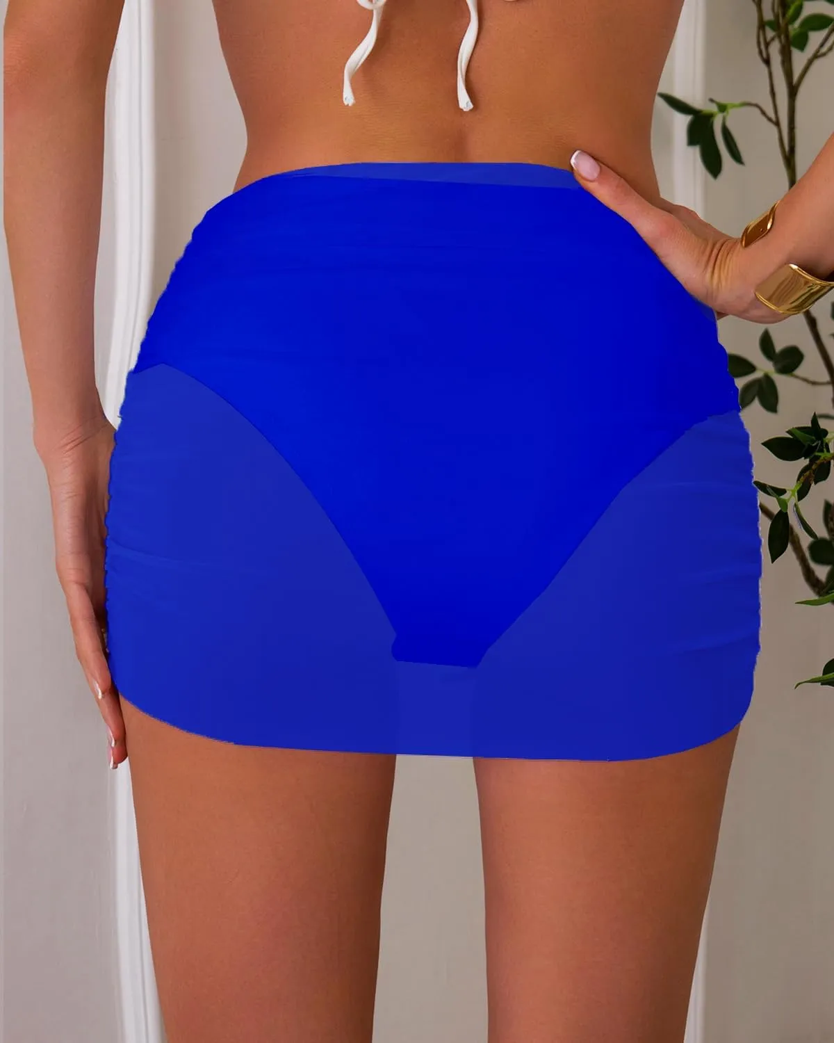 SherryDC Women's Ruched Mesh Bikini Swimsuit Bottoms High Waisted Sheer Short Swim Skirt