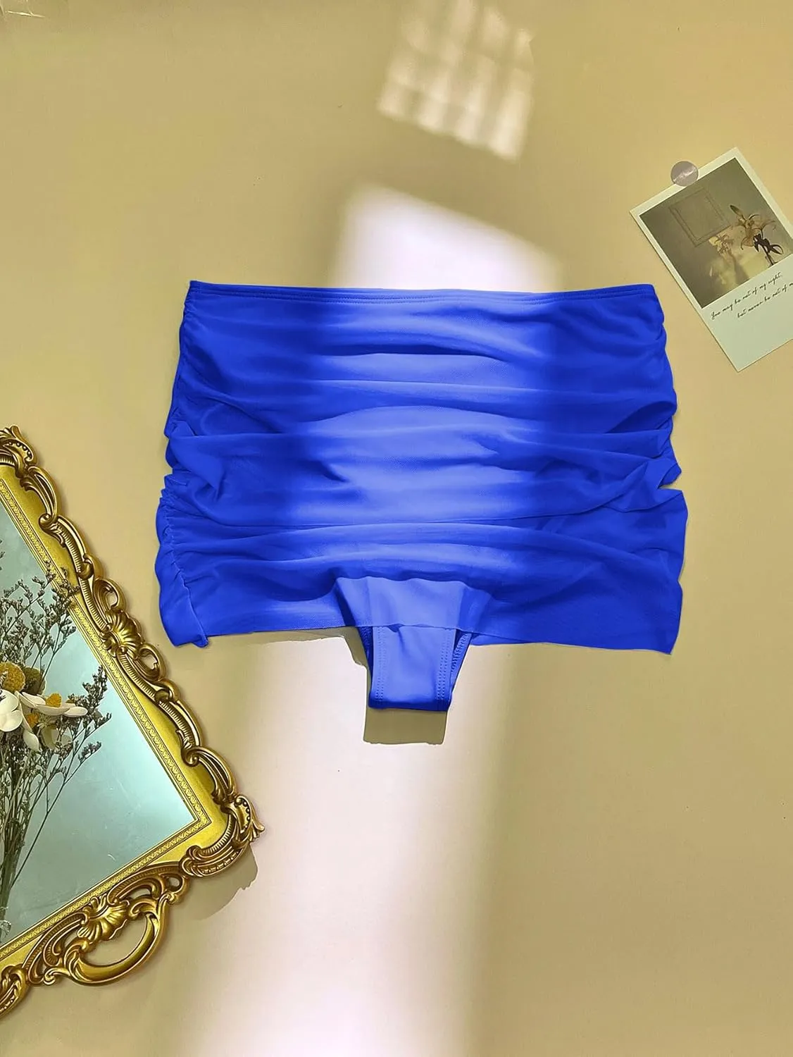SherryDC Women's Ruched Mesh Bikini Swimsuit Bottoms High Waisted Sheer Short Swim Skirt