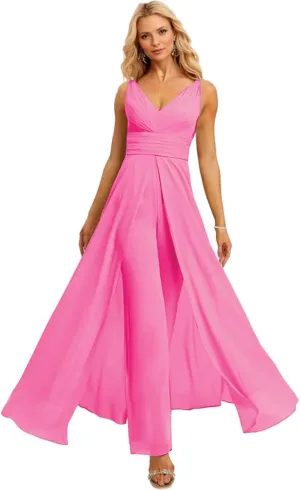 SHSUREVE Chiffon Bridesmaid Jumpsuit for Women V Neck Wedding Guest Formal Jumpsuit Pleated Pants Outfit
