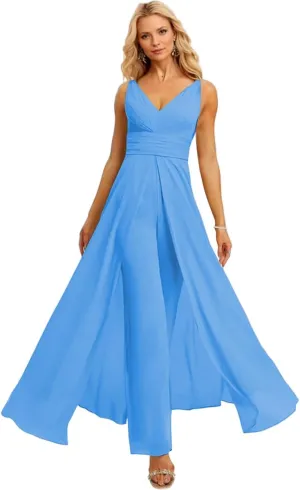 SHSUREVE Chiffon Bridesmaid Jumpsuit for Women V Neck Wedding Guest Formal Jumpsuit Pleated Pants Outfit