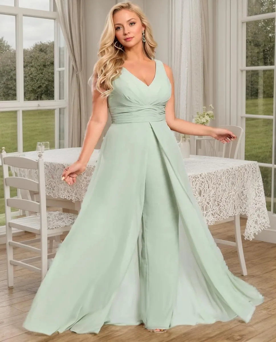 SHSUREVE Chiffon Bridesmaid Jumpsuit for Women V Neck Wedding Guest Formal Jumpsuit Pleated Pants Outfit