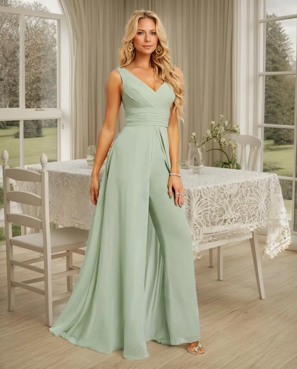 SHSUREVE Chiffon Bridesmaid Jumpsuit for Women V Neck Wedding Guest Formal Jumpsuit Pleated Pants Outfit