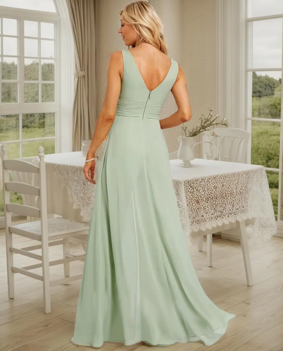 SHSUREVE Chiffon Bridesmaid Jumpsuit for Women V Neck Wedding Guest Formal Jumpsuit Pleated Pants Outfit