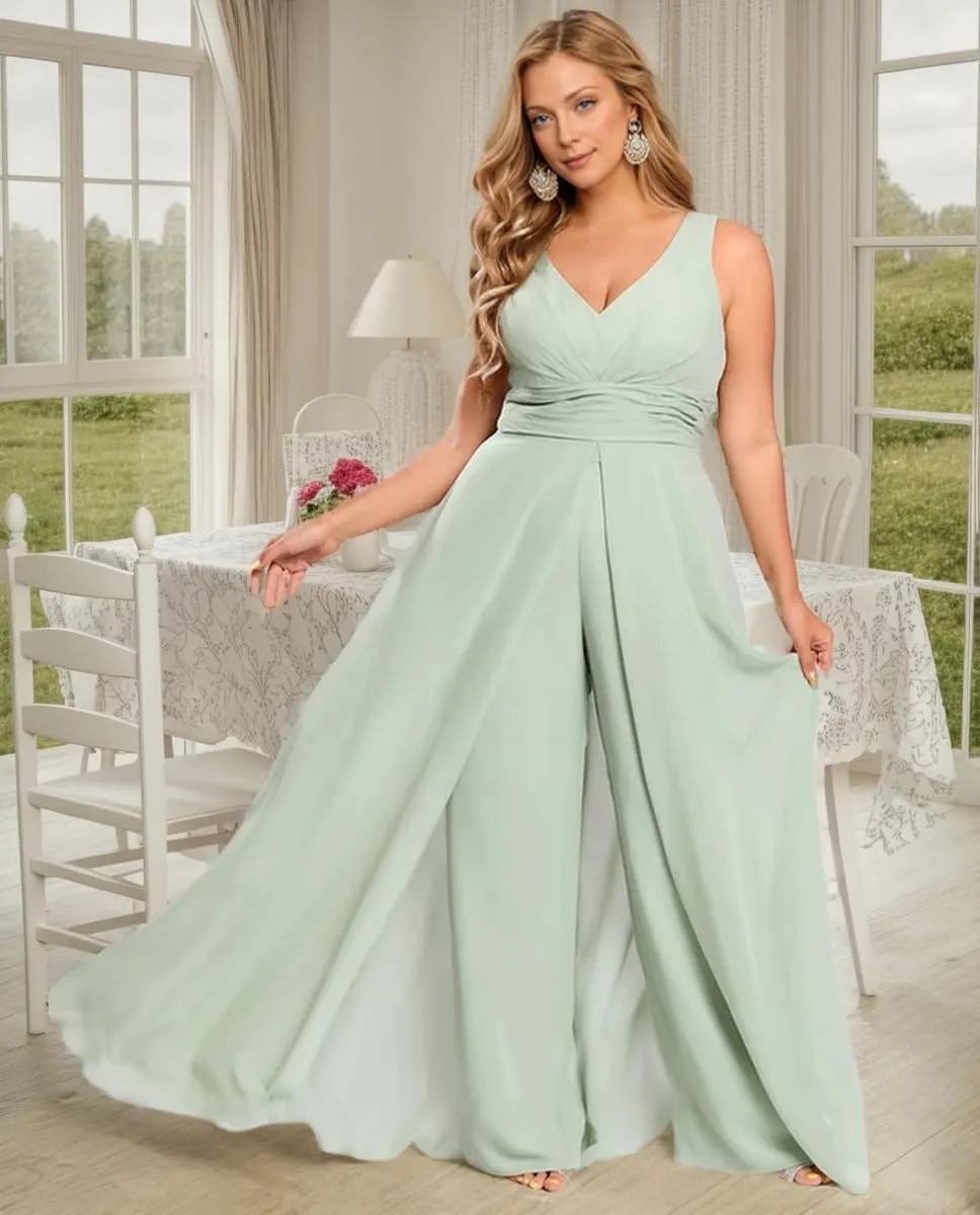 SHSUREVE Chiffon Bridesmaid Jumpsuit for Women V Neck Wedding Guest Formal Jumpsuit Pleated Pants Outfit