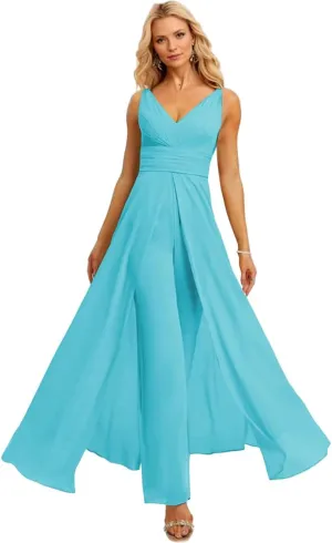 SHSUREVE Chiffon Bridesmaid Jumpsuit for Women V Neck Wedding Guest Formal Jumpsuit Pleated Pants Outfit