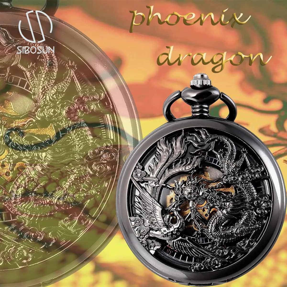 SIBOSUN Mechanical Pocket Watch for Men Antique Pocket Watch with Chain Steampunk Skeleton Mens Pocket Watches with Gift Box