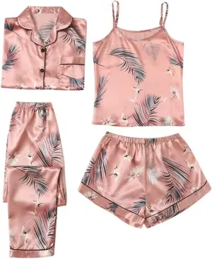 Silk Pajamas for Women Set 4Pcs Short Sleeve Shirts Sleeveless Tank Tops Lounge Bottoms and Satin Trousers Outfits Sleepwear