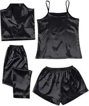 Silk Pajamas for Women Set 4Pcs Short Sleeve Shirts Sleeveless Tank Tops Lounge Bottoms and Satin Trousers Outfits Sleepwear