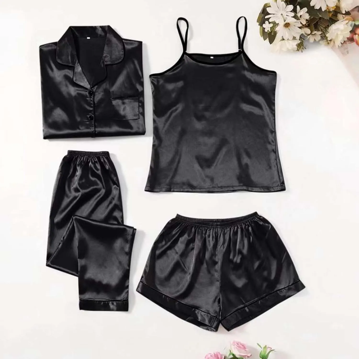 Silk Pajamas for Women Set 4Pcs Short Sleeve Shirts Sleeveless Tank Tops Lounge Bottoms and Satin Trousers Outfits Sleepwear