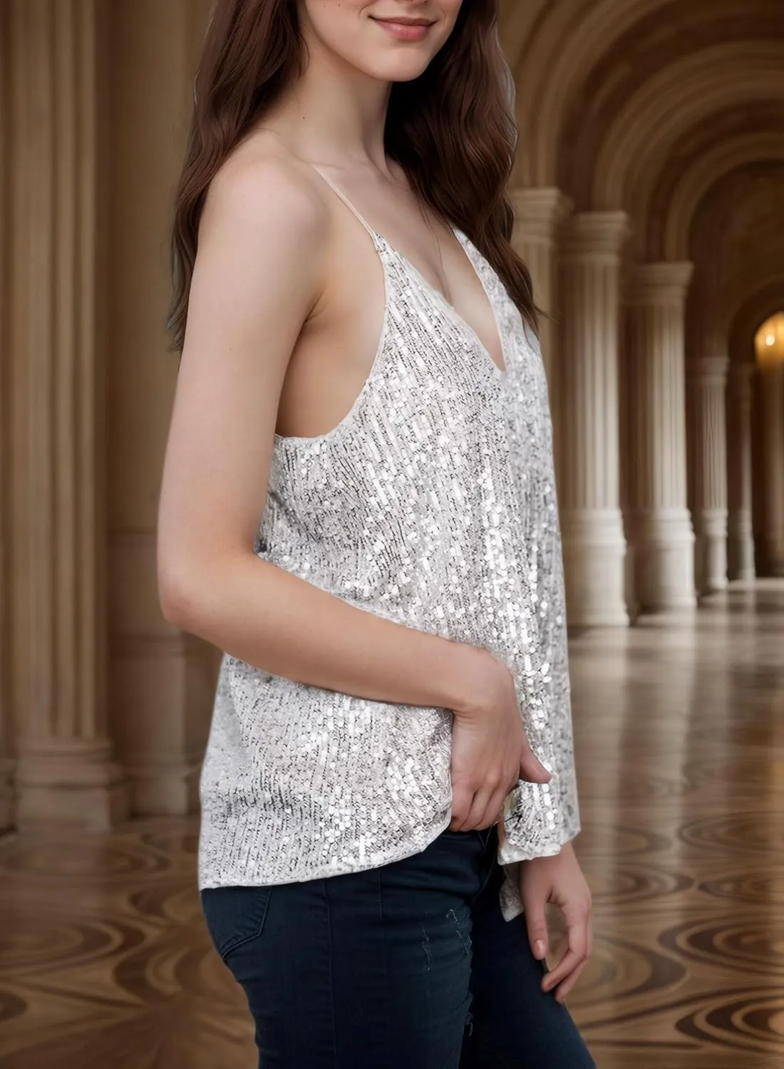 Silver Sequin Top for Women, Sleeveless V Neck Rhinestone Glitter Tank, Sparkle Shirts