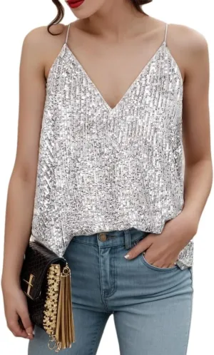 Silver Sequin Top for Women, Sleeveless V Neck Rhinestone Glitter Tank, Sparkle Shirts
