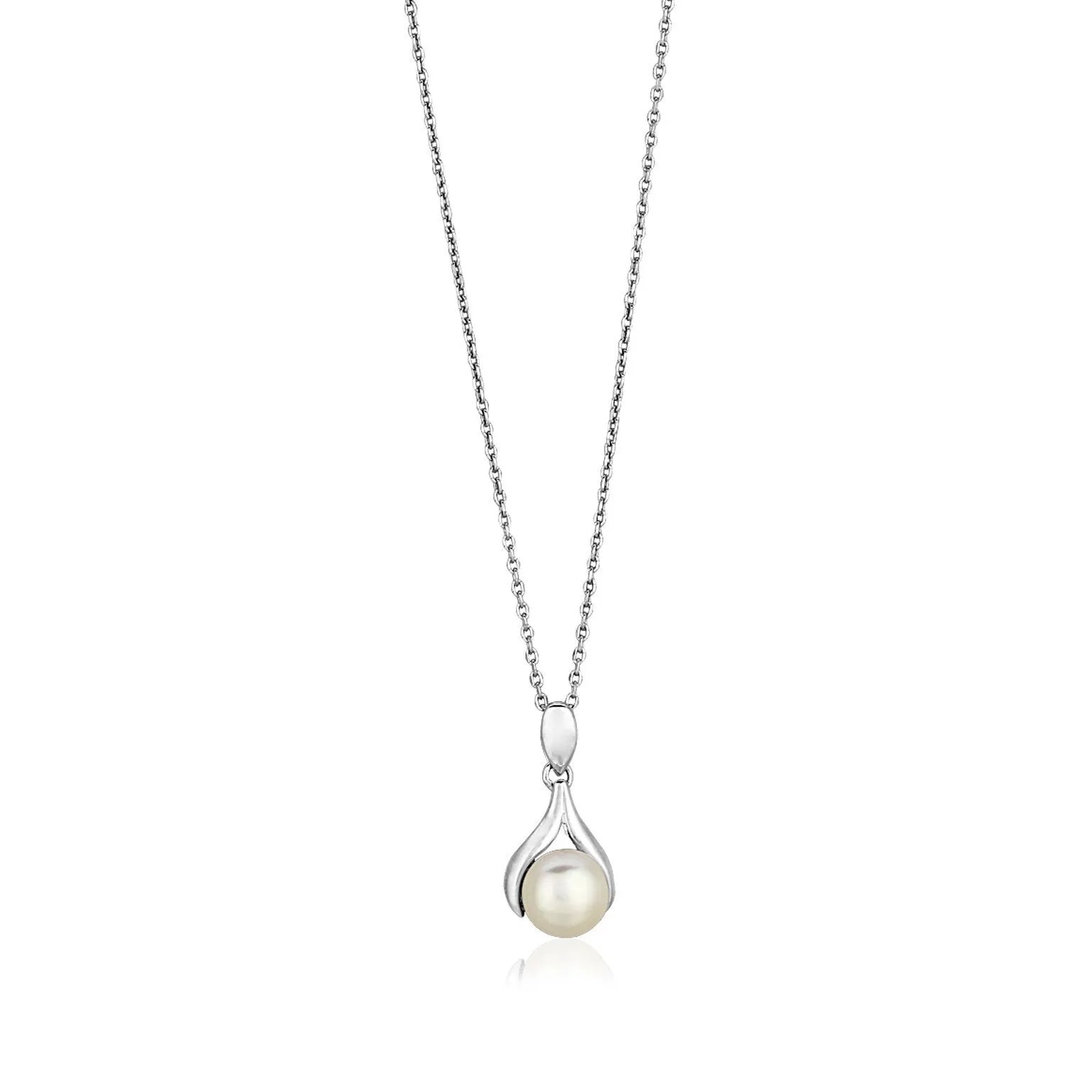 Size: 18'' - Sterling Silver Leaf Motif Necklace with Freshwater Pearl