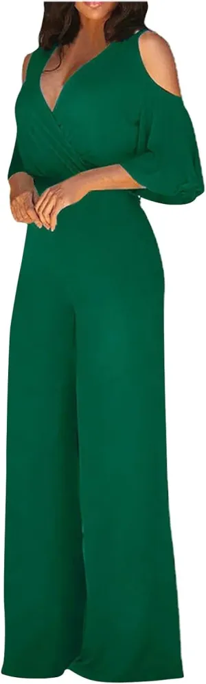 Skeleton Jumpsuit Women, Long Sleeve Jumpsuit for Women Jumpsuits for Women Casual V-Neck Hollow Jumpsuits Solid Color Fashion Women's Short Sleeves Casual Long Sexy Pants Wide (Green,Medium)