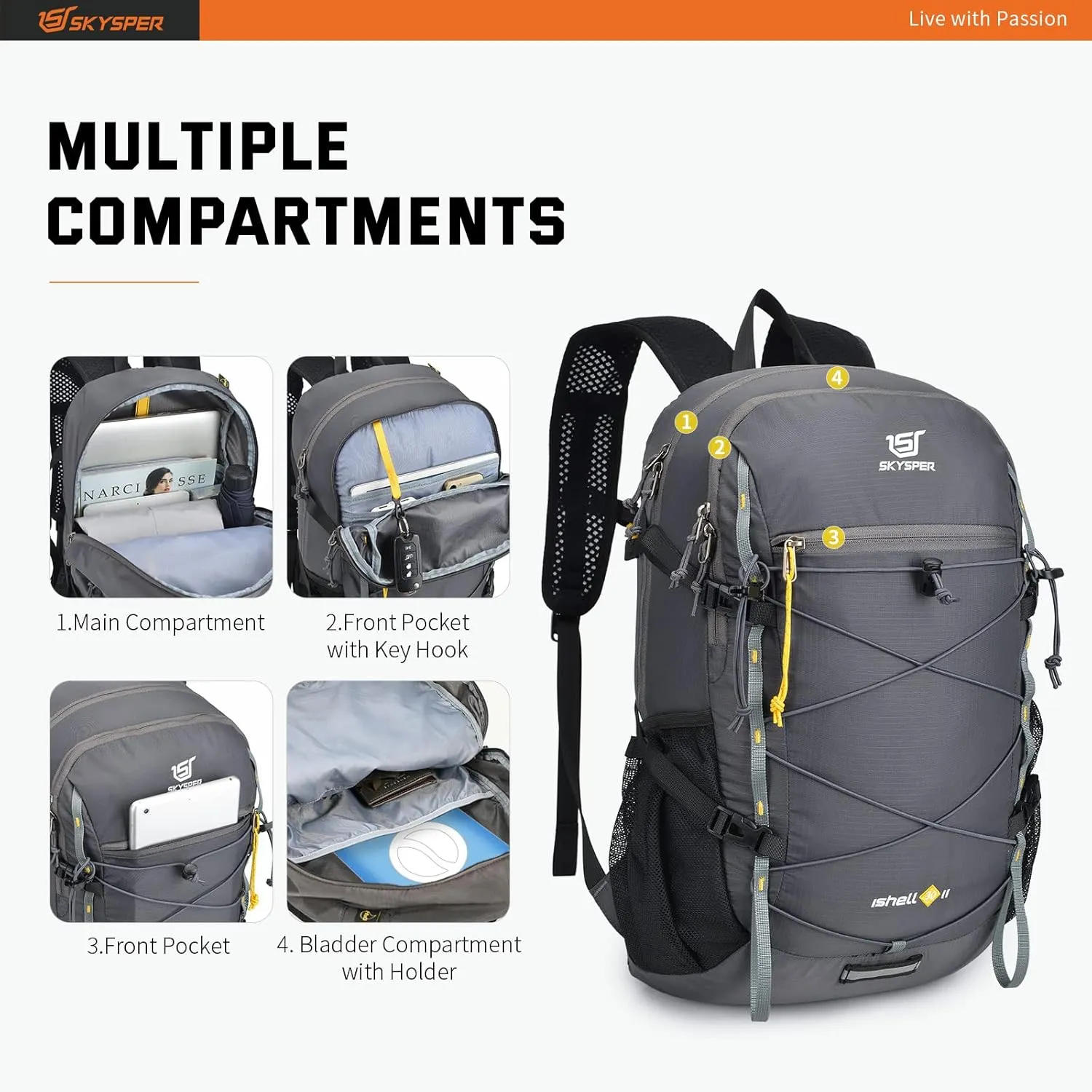 SKYSPER Packable Hiking Backpack 30L Lightweight Daypack Travel Backpacks for Women MenDarkgrey