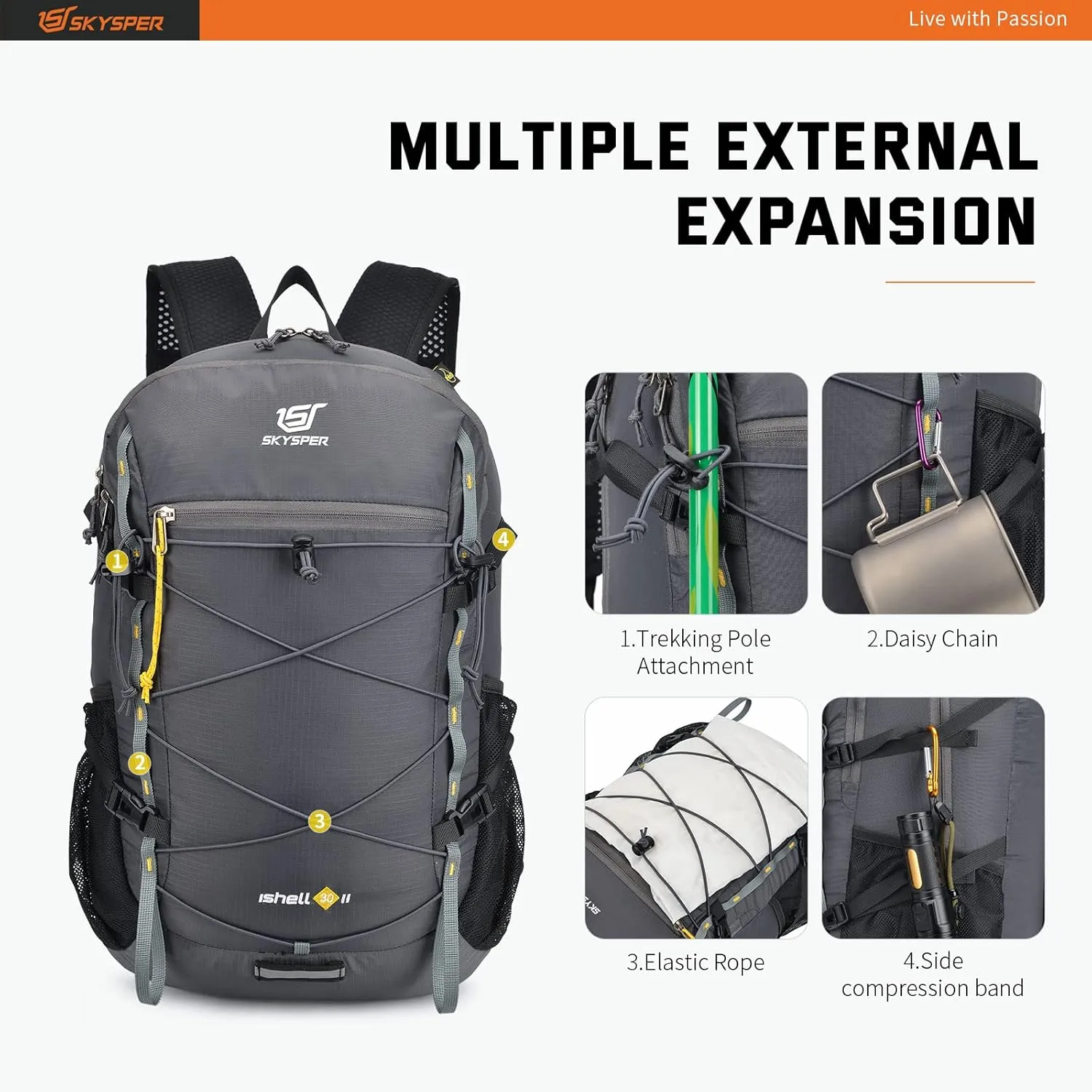 SKYSPER Packable Hiking Backpack 30L Lightweight Daypack Travel Backpacks for Women MenDarkgrey