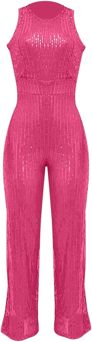 Sleeveless Halter Sequin Jumpsuits for Women High Waisted Wide Leg Sparkly Romper One Piece Disco Outfits with Belt