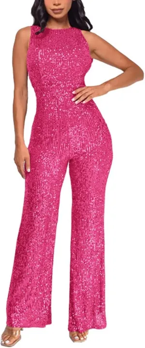 Sleeveless Halter Sequin Jumpsuits for Women High Waisted Wide Leg Sparkly Romper One Piece Disco Outfits with Belt