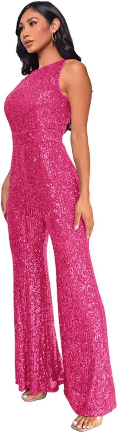 Sleeveless Halter Sequin Jumpsuits for Women High Waisted Wide Leg Sparkly Romper One Piece Disco Outfits with Belt