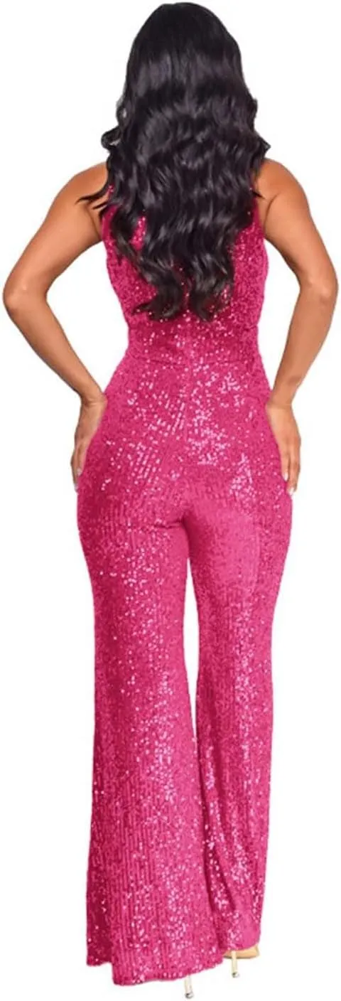 Sleeveless Halter Sequin Jumpsuits for Women High Waisted Wide Leg Sparkly Romper One Piece Disco Outfits with Belt