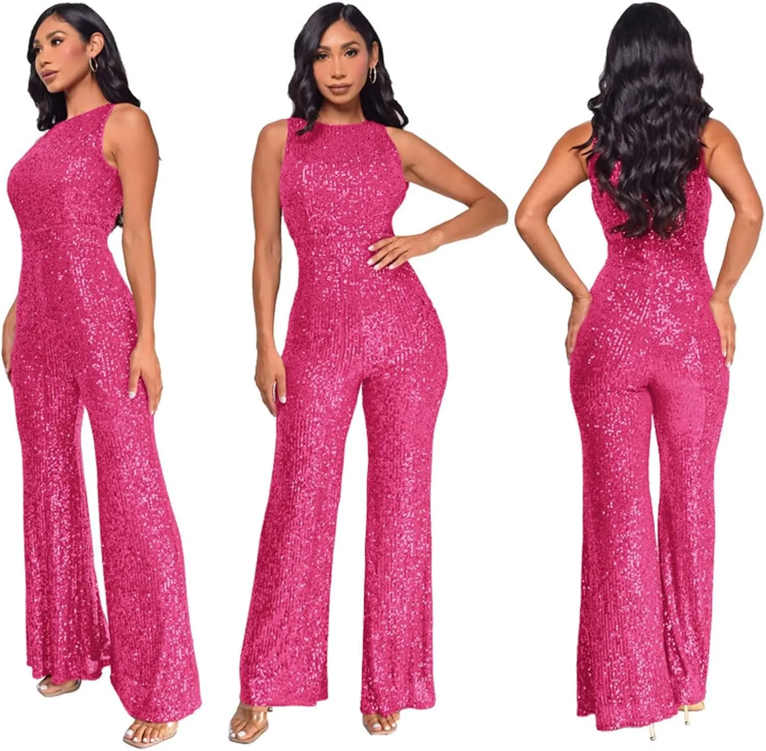Sleeveless Halter Sequin Jumpsuits for Women High Waisted Wide Leg Sparkly Romper One Piece Disco Outfits with Belt