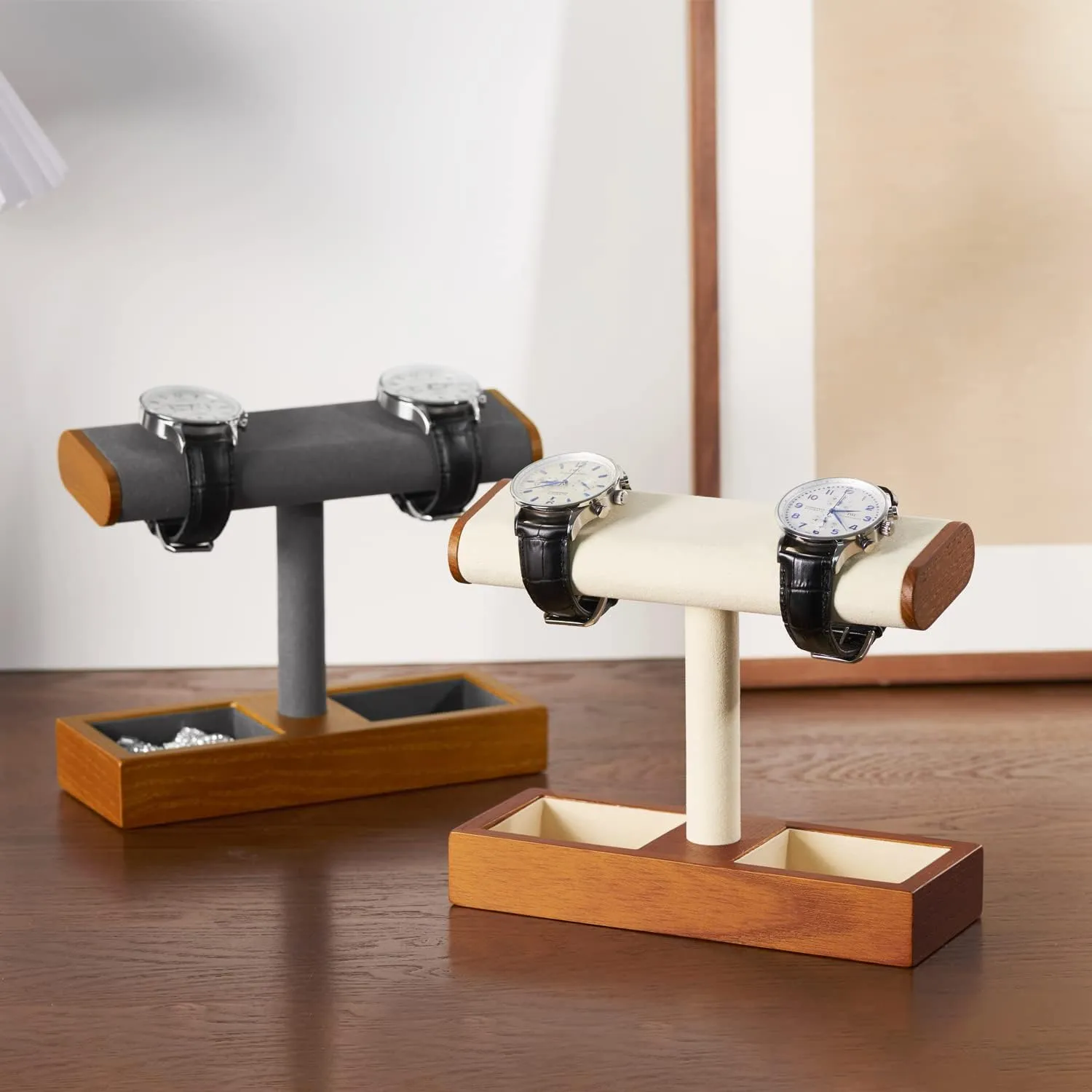 Solid Wood Watch Display Stand T-bar Watch Stand Holder Organizer For Men And Women (Grey)