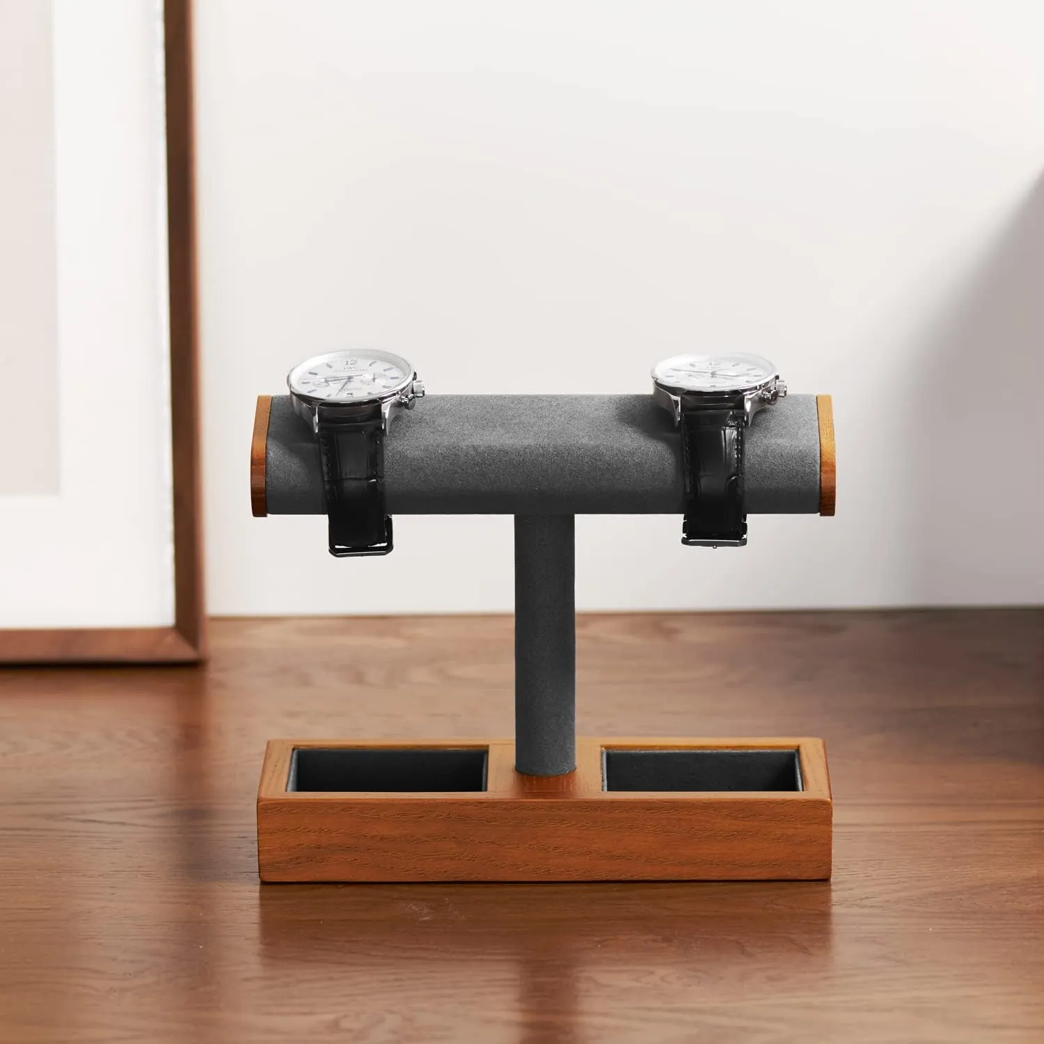 Solid Wood Watch Display Stand T-bar Watch Stand Holder Organizer For Men And Women (Grey)