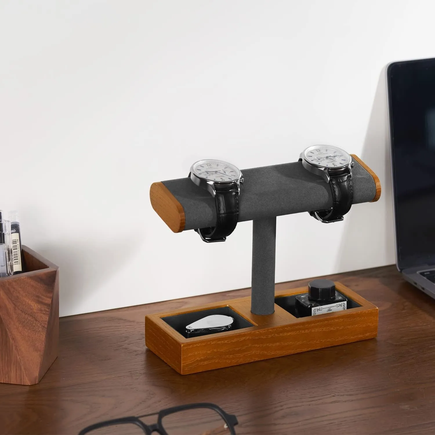 Solid Wood Watch Display Stand T-bar Watch Stand Holder Organizer For Men And Women (Grey)