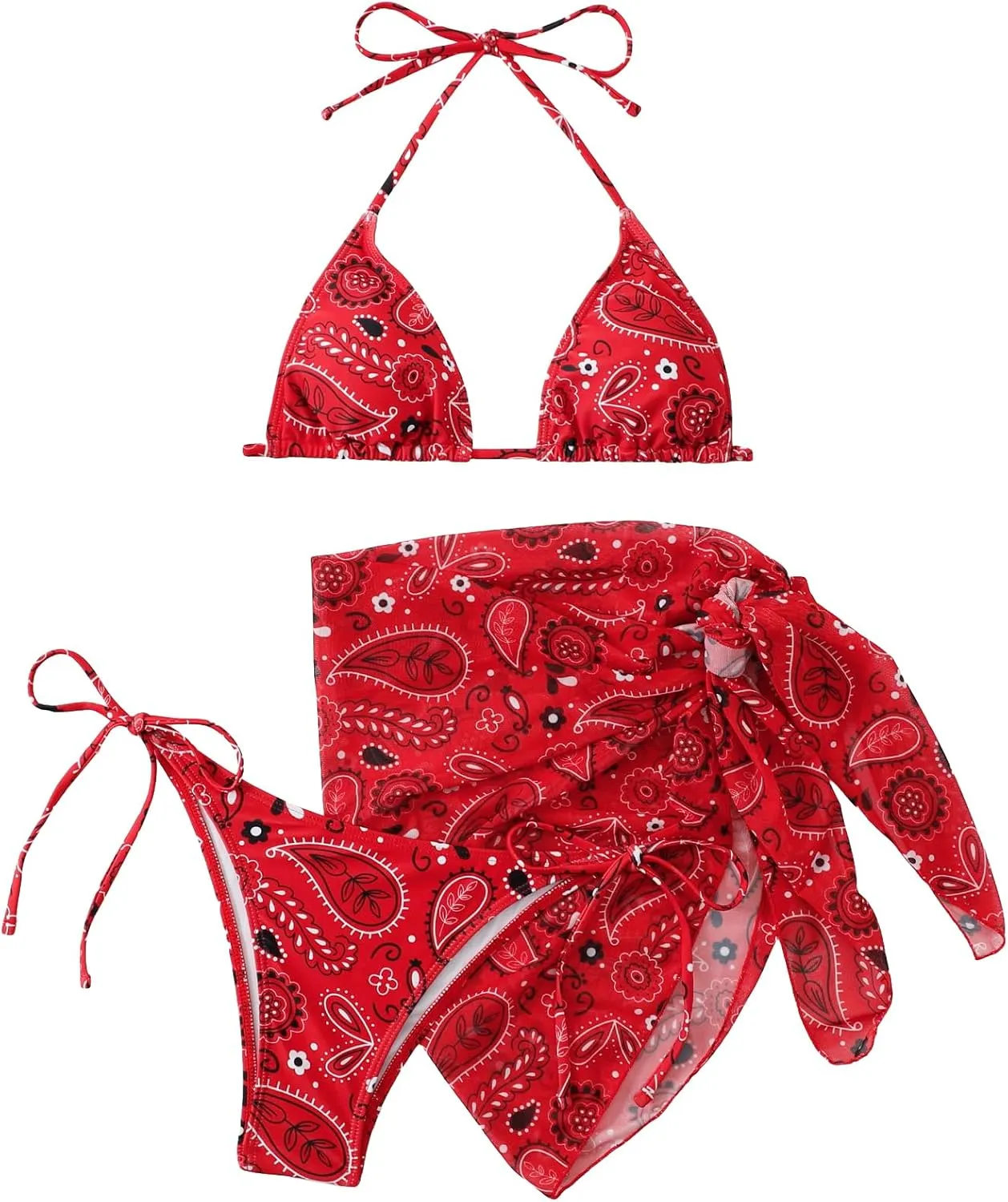SOLY HUX Bikini Sets for Women Paisley Print Halter Triangle Bathing Suit 3 Piece Swimsuit with Sarong Cover Up