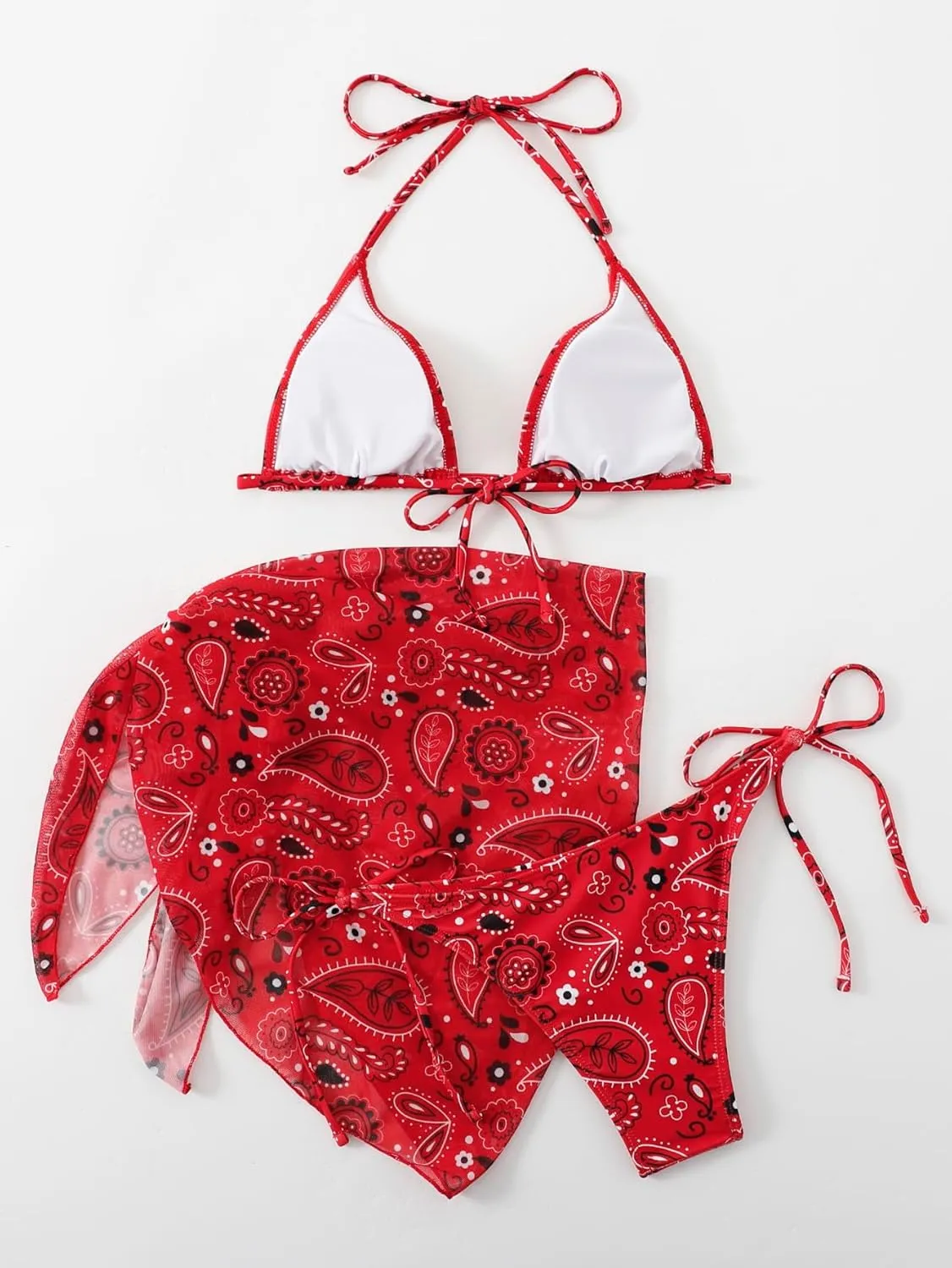 SOLY HUX Bikini Sets for Women Paisley Print Halter Triangle Bathing Suit 3 Piece Swimsuit with Sarong Cover Up