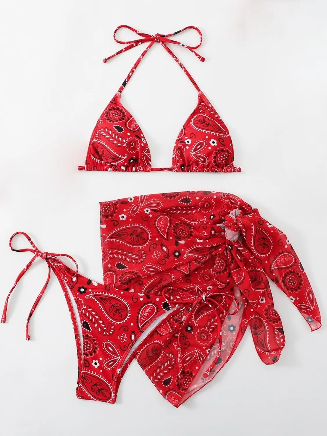 SOLY HUX Bikini Sets for Women Paisley Print Halter Triangle Bathing Suit 3 Piece Swimsuit with Sarong Cover Up