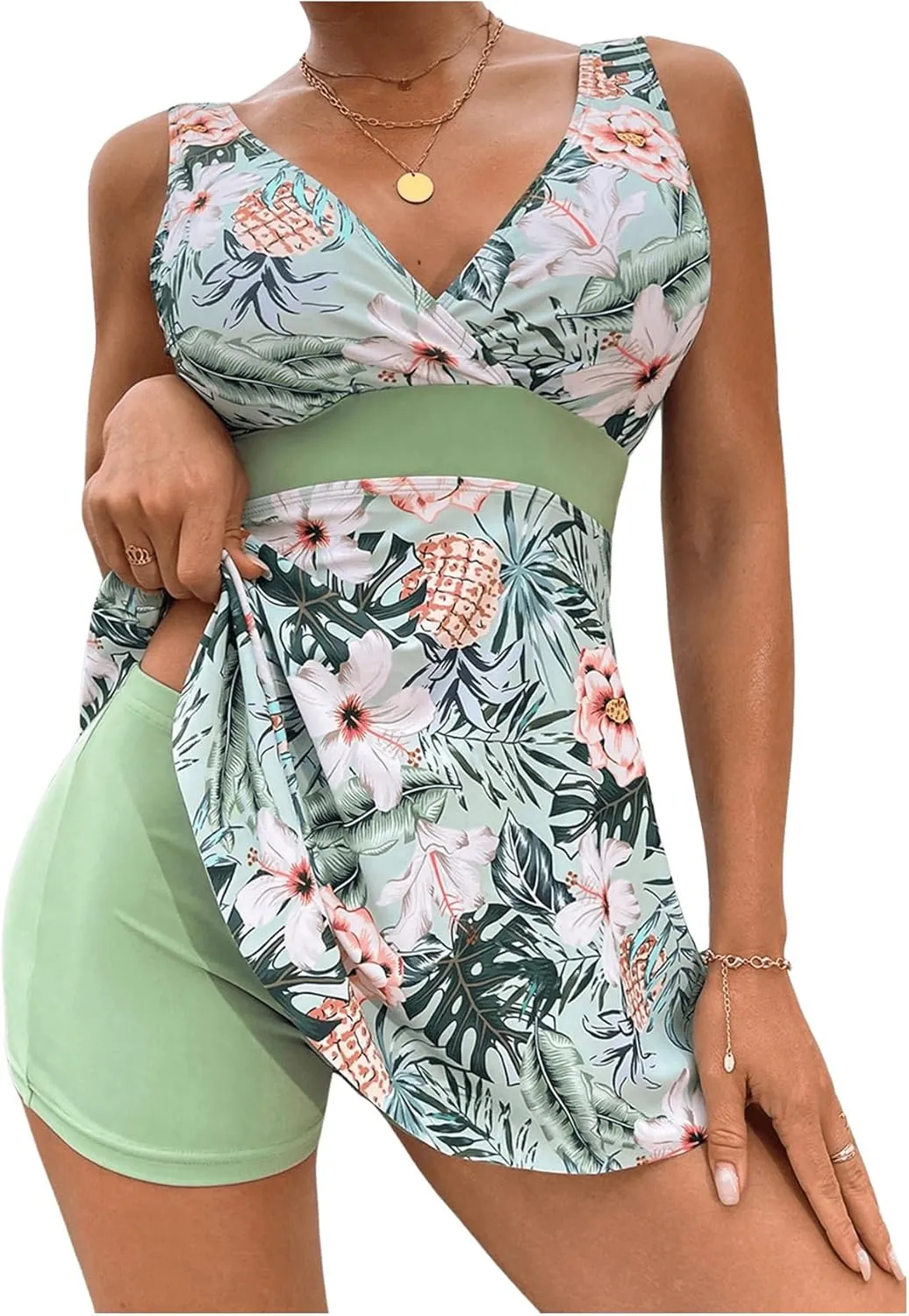SOLY HUX Tankini Swimsuits for Women Tropical Print V Neck Tops and Shorts Bathing Suits Two Piece Swimsuit