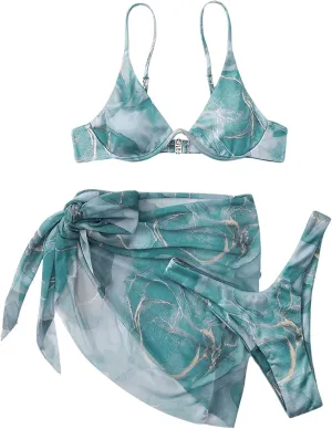 SOLY HUX Women's 3 Piece Swimsuit Marble Print Underwire Bikini Set Bathing Suit with Sarong Wraps Cover Up
