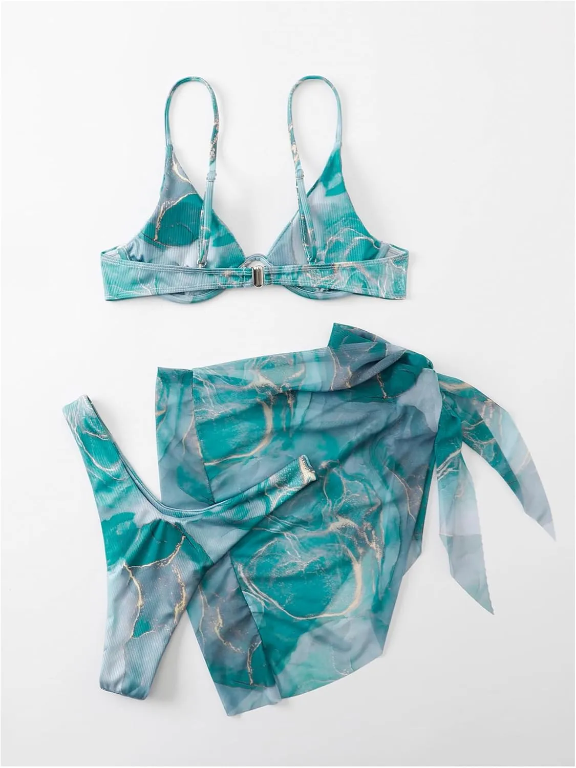 SOLY HUX Women's 3 Piece Swimsuit Marble Print Underwire Bikini Set Bathing Suit with Sarong Wraps Cover Up