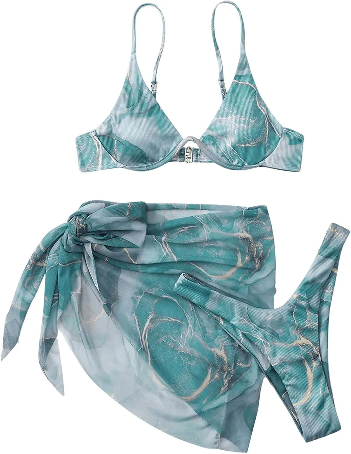 SOLY HUX Women's 3 Piece Swimsuit Marble Print Underwire Bikini Set Bathing Suit with Sarong Wraps Cover Up
