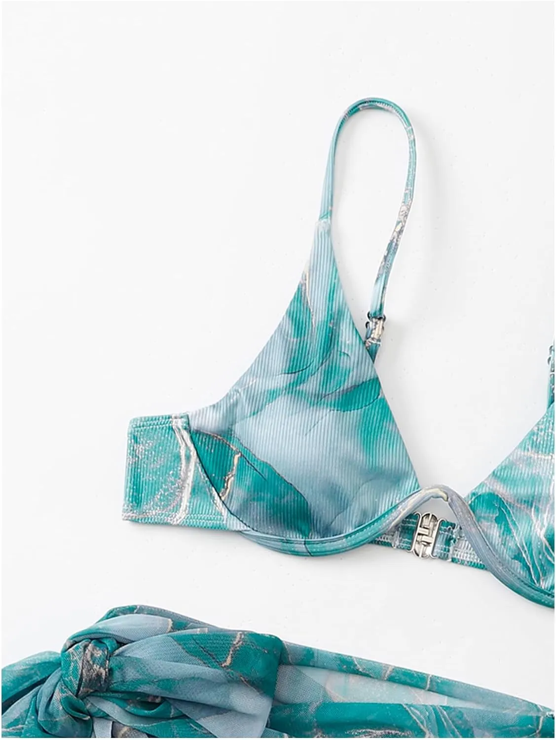 SOLY HUX Women's 3 Piece Swimsuit Marble Print Underwire Bikini Set Bathing Suit with Sarong Wraps Cover Up