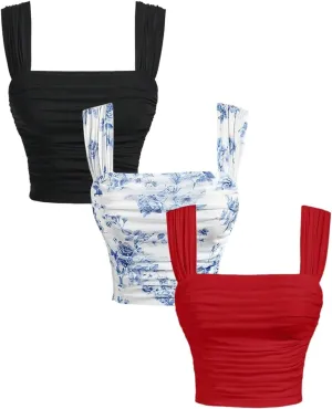 SOLY HUX Women's 3 Piece Tank Tops Floral Print Square Neck Sleeveless Going Out Tops Double Lined Summer Crop Tank Tops