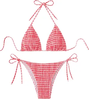 SOLY HUX Women's Plaid Gingham Bikini Sets Halter String Triangle Tie Side Bathing Suit Two Piece Swimsuit