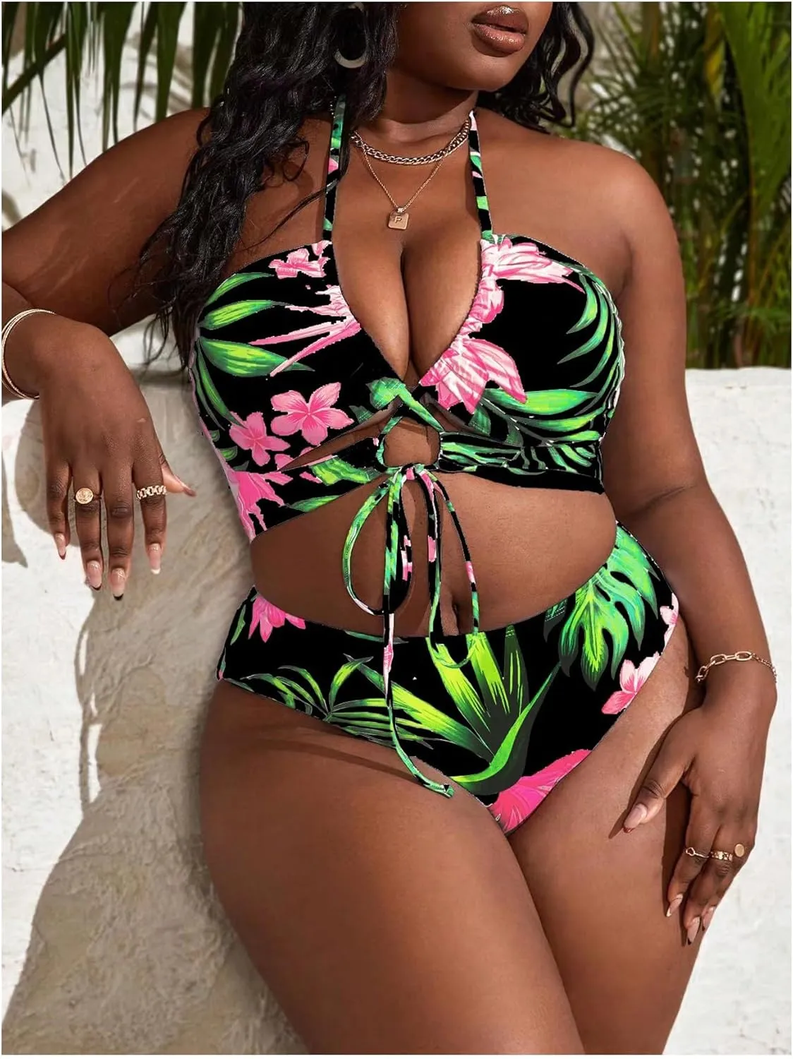 SOLY HUX Women's Plus Size 3 Piece Swimsuits Floral Print Halter Bikini Sets Bathing Suit with Beach Skirt
