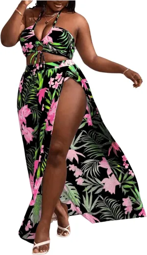 SOLY HUX Women's Plus Size 3 Piece Swimsuits Floral Print Halter Bikini Sets Bathing Suit with Beach Skirt