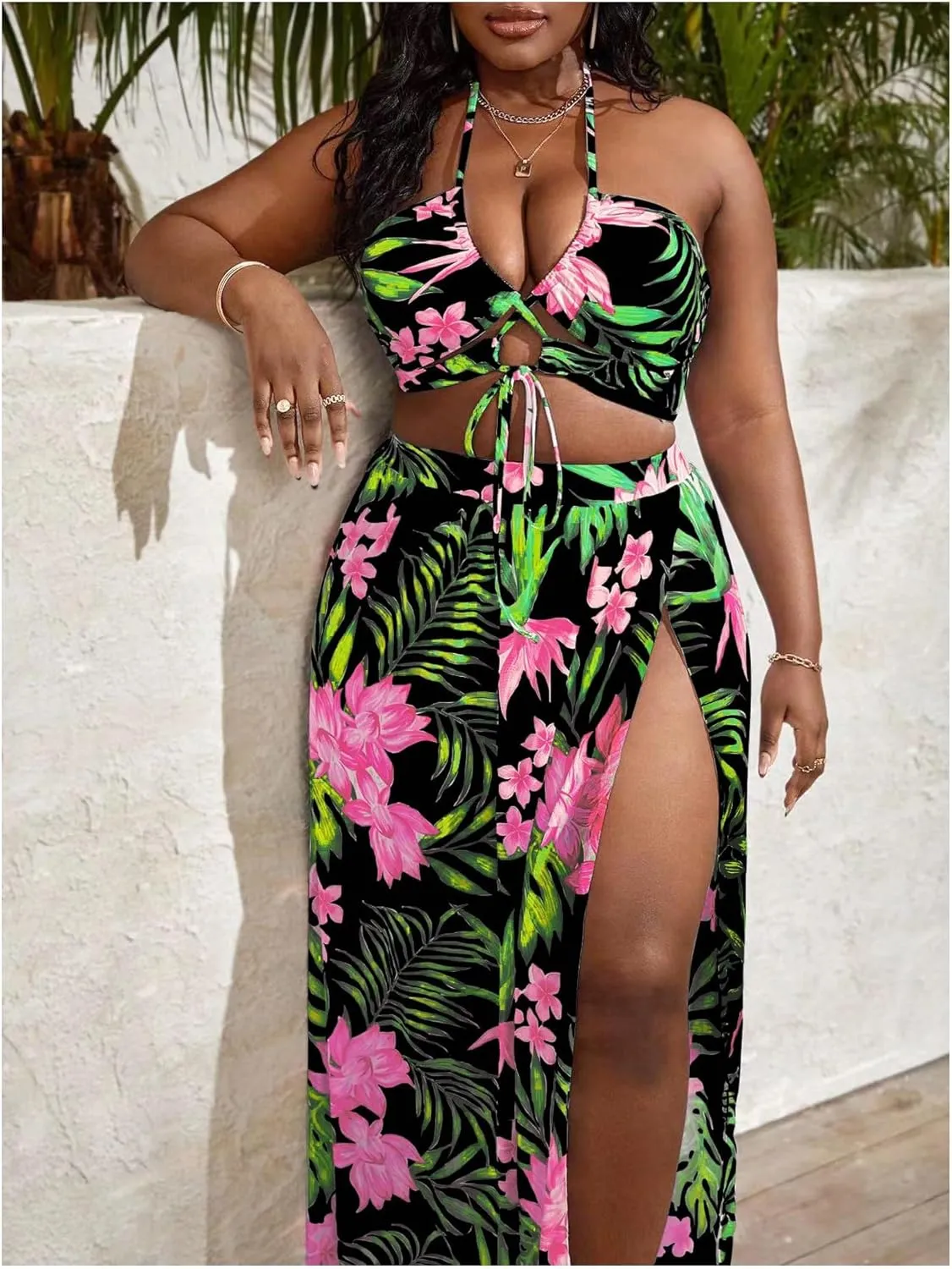 SOLY HUX Women's Plus Size 3 Piece Swimsuits Floral Print Halter Bikini Sets Bathing Suit with Beach Skirt