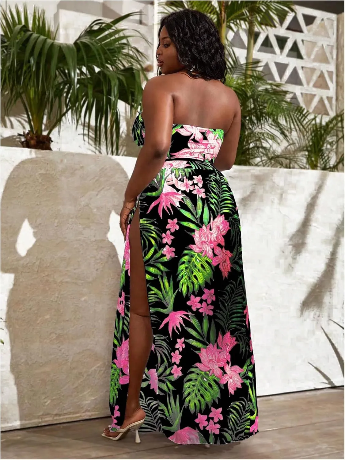 SOLY HUX Women's Plus Size 3 Piece Swimsuits Floral Print Halter Bikini Sets Bathing Suit with Beach Skirt