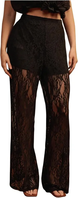 SOLY HUX Women's Plus Size Lace Mesh Pants High Waisted Sheer Flare Leg Party Pants Clubwear