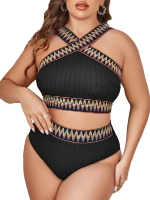 SOLY HUX Women's Plus Size Two Piece Swimsuit Chevron Print Criss Cross High Waisted Bikini Set Bathing Suits