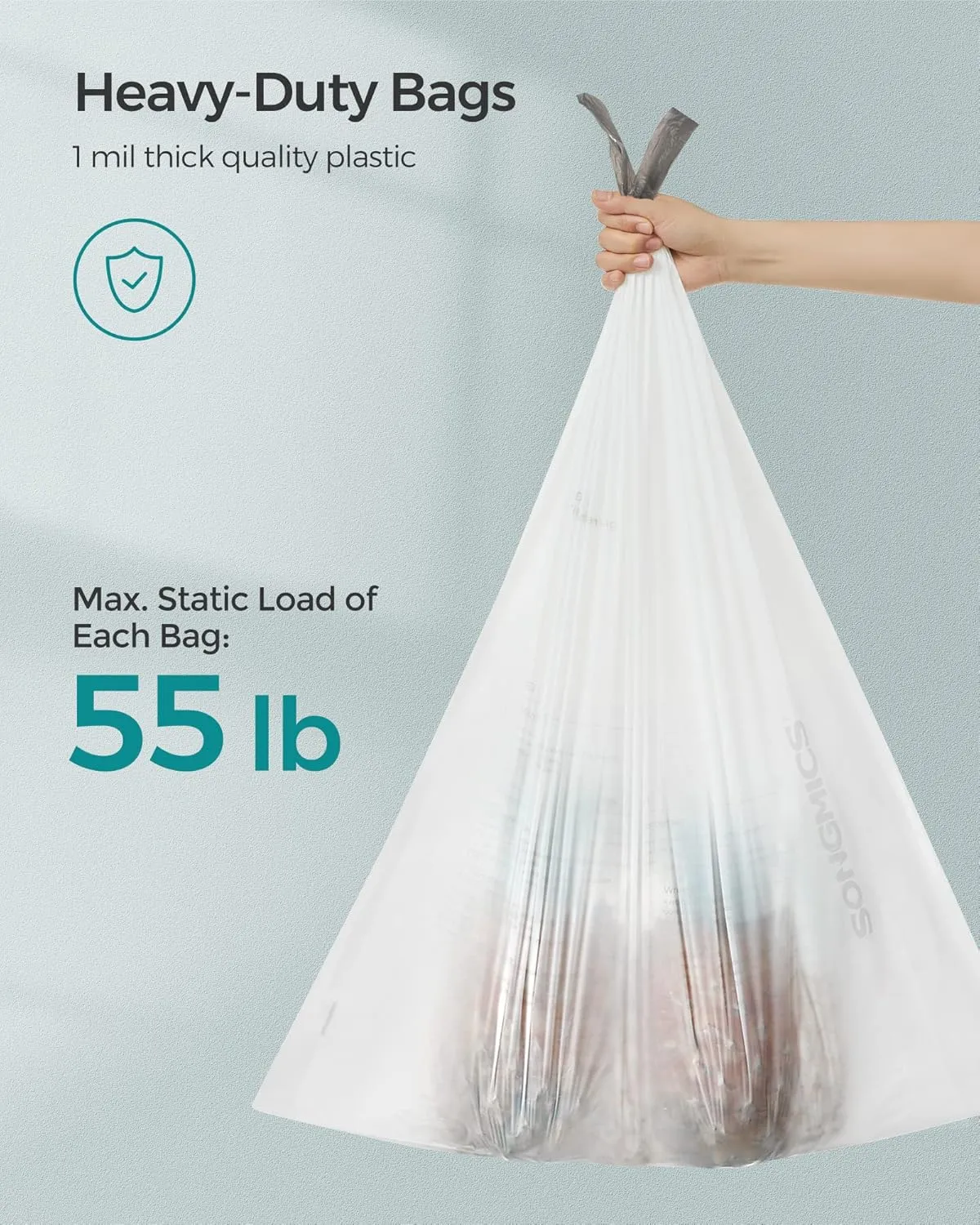 SONGMICS Trash Bags for 12-14.5 Gallon Trash Cans, 40 Count Drawstring Garbage Bags, Liner Code 055A,1 Roll,White UKRB055A01