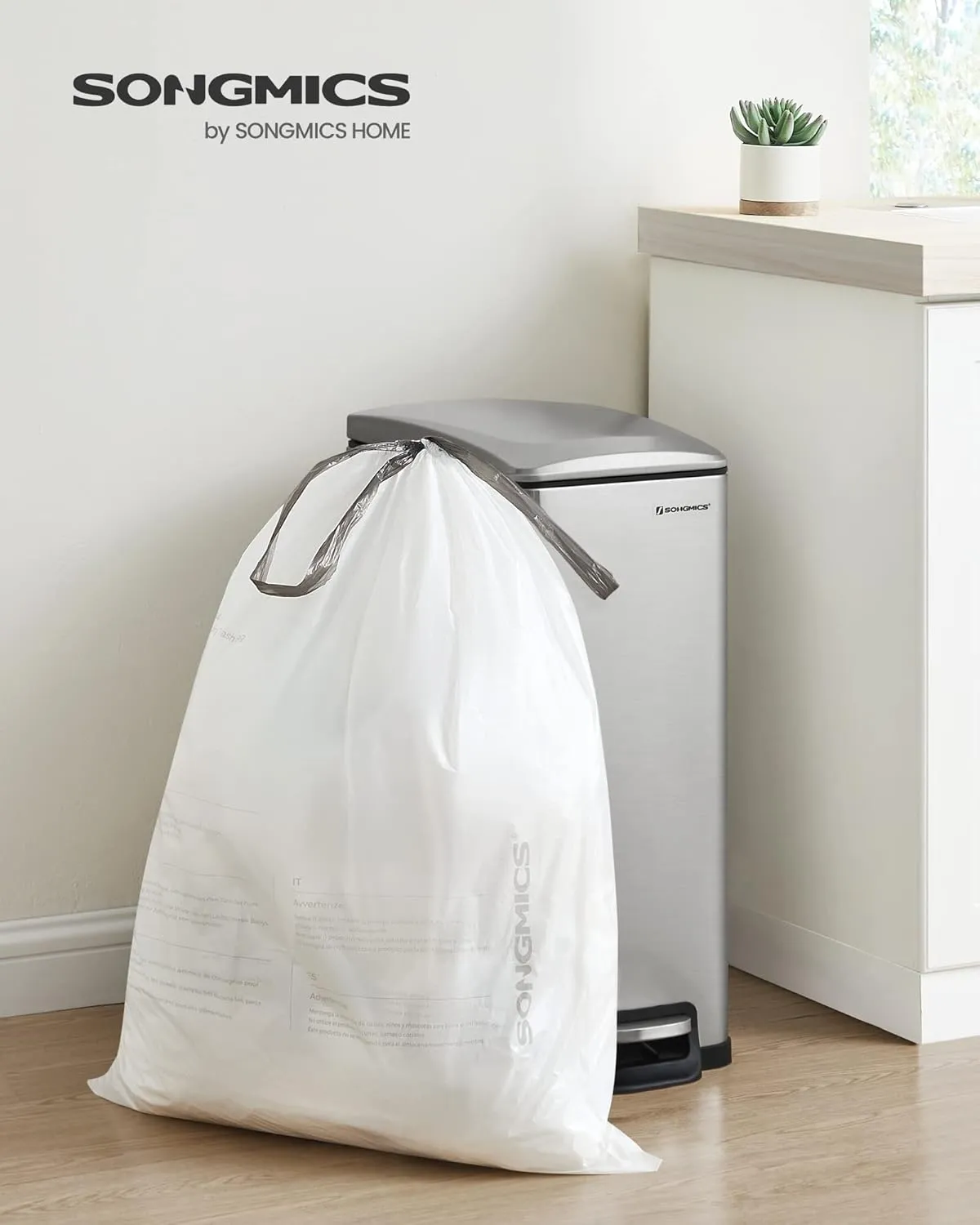 SONGMICS Trash Bags for 12-14.5 Gallon Trash Cans, 40 Count Drawstring Garbage Bags, Liner Code 055A,1 Roll,White UKRB055A01