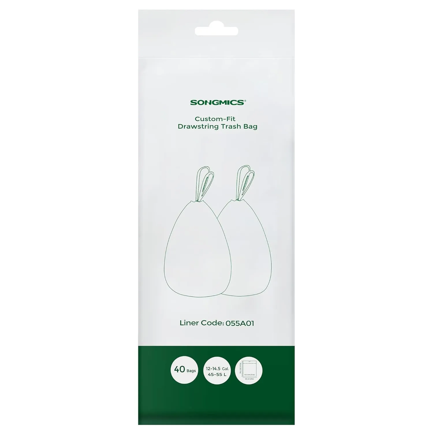 SONGMICS Trash Bags for 12-14.5 Gallon Trash Cans, 40 Count Drawstring Garbage Bags, Liner Code 055A,1 Roll,White UKRB055A01