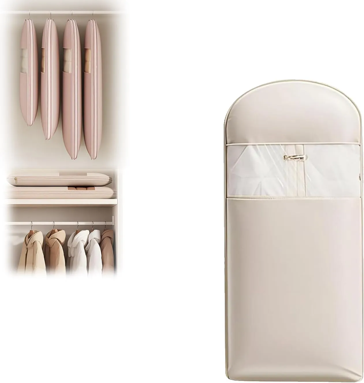 Space Saving Hanging Garment Bag with Self Compression Zipper, Otherwise Garment Bag for Down Coat, Winter Coat Storage, Protects Clothes from Wrinkles (Beige M 1PC)